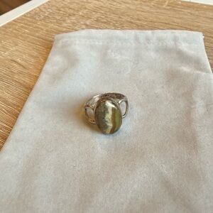 Sterling Silver Tan Green Jasper Oval Stone Ring Size 10
